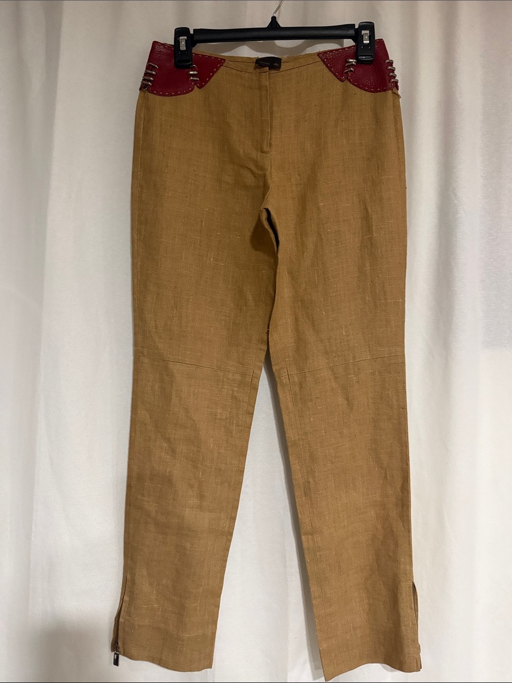 FENDI Women's Pants Linen And Leather, Ankle Style, Ankle Zip, Brown,